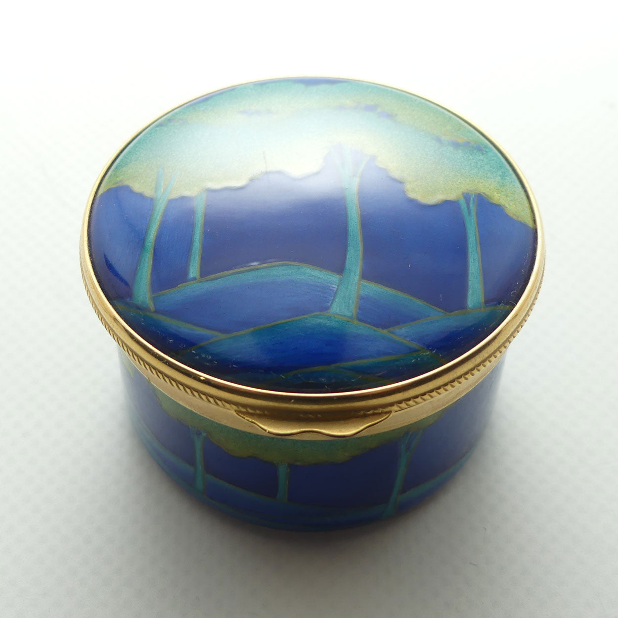 Moorcroft Enamels | Moonlit Blue hinged lid round trinket box | boxed
