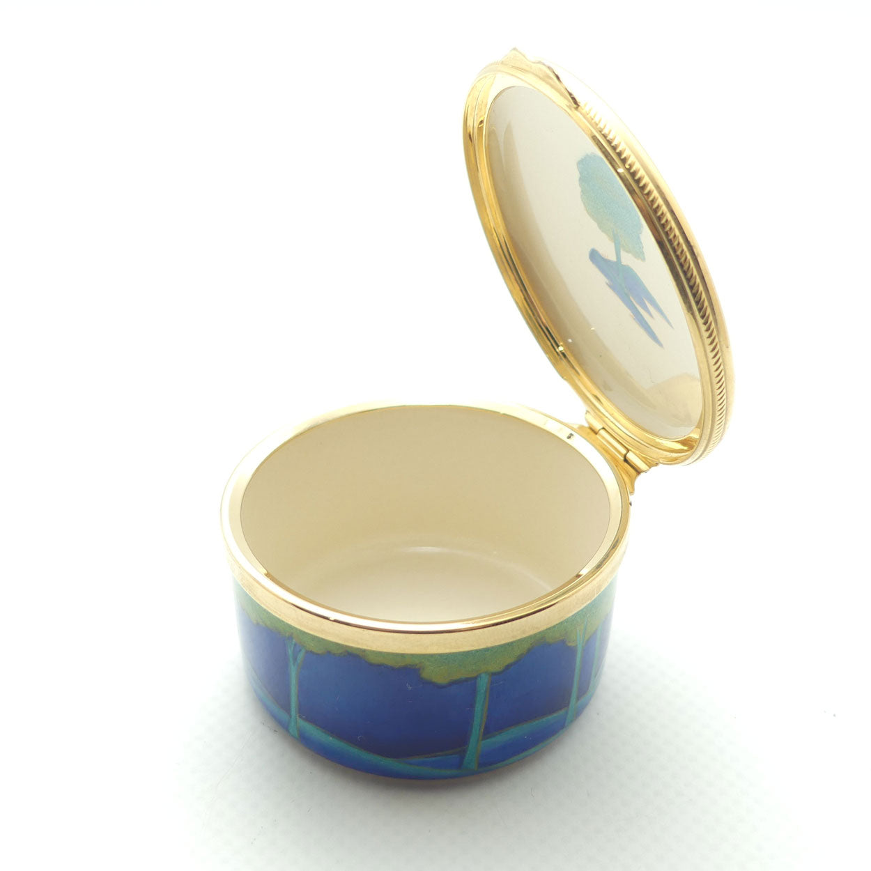 Moorcroft Enamels | Moonlit Blue hinged lid round trinket box | boxed