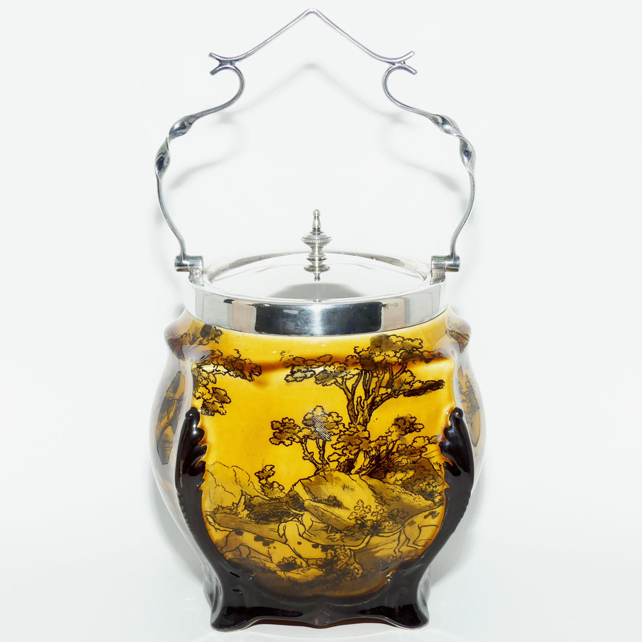 Royal Doulton Hunting - Morland unusual biscuit barrel with EPNS handle and lid D938 |Holbein Glaze|