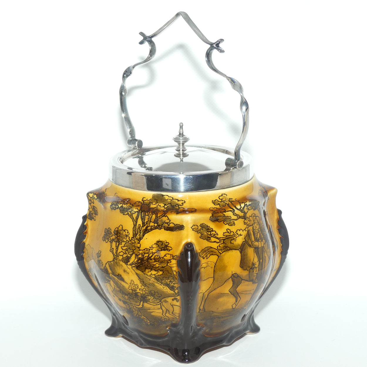 Royal Doulton Hunting - Morland unusual biscuit barrel with EPNS handle and lid D938 |Holbein Glaze|