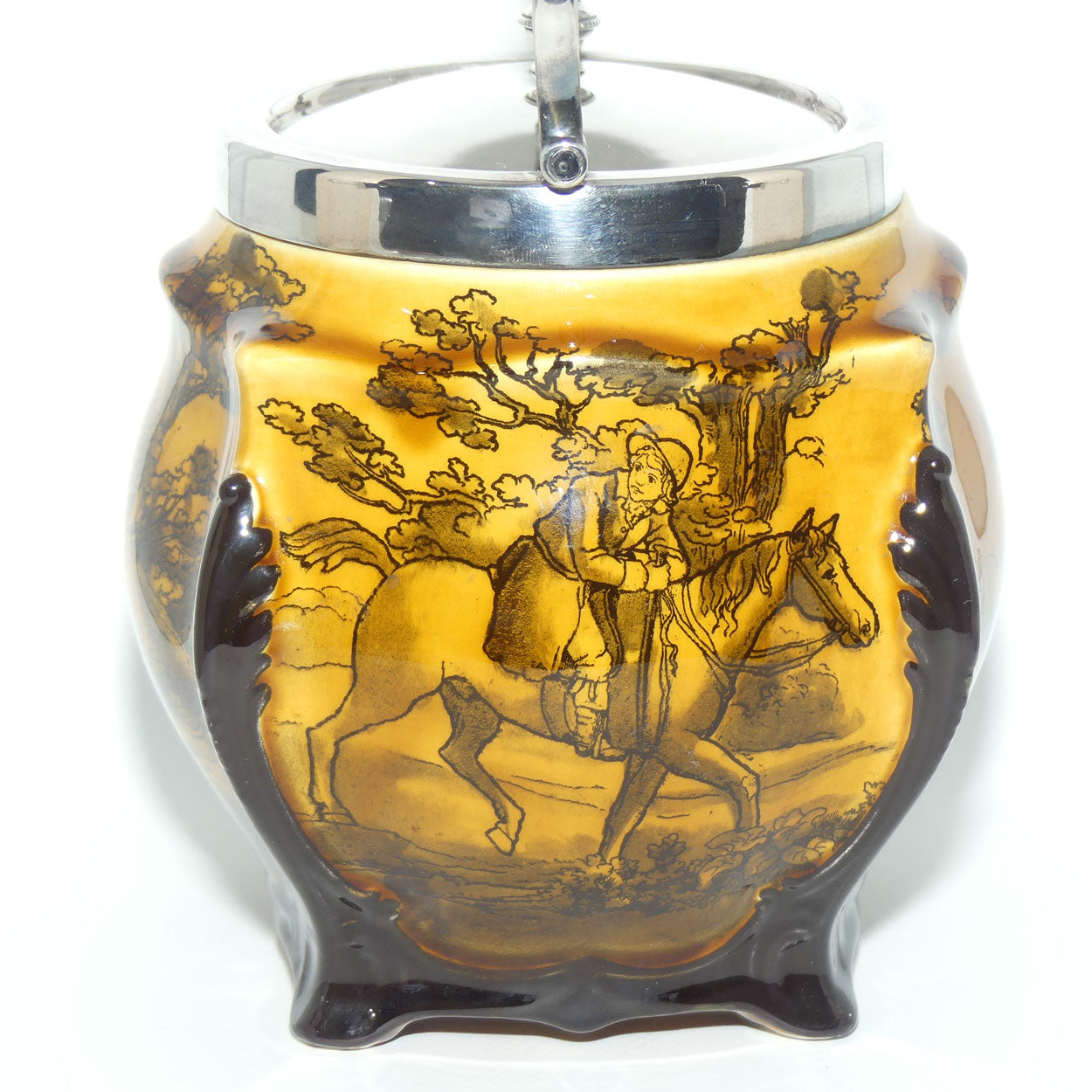 Royal Doulton Hunting - Morland unusual biscuit barrel with EPNS handle and lid D938 |Holbein Glaze|