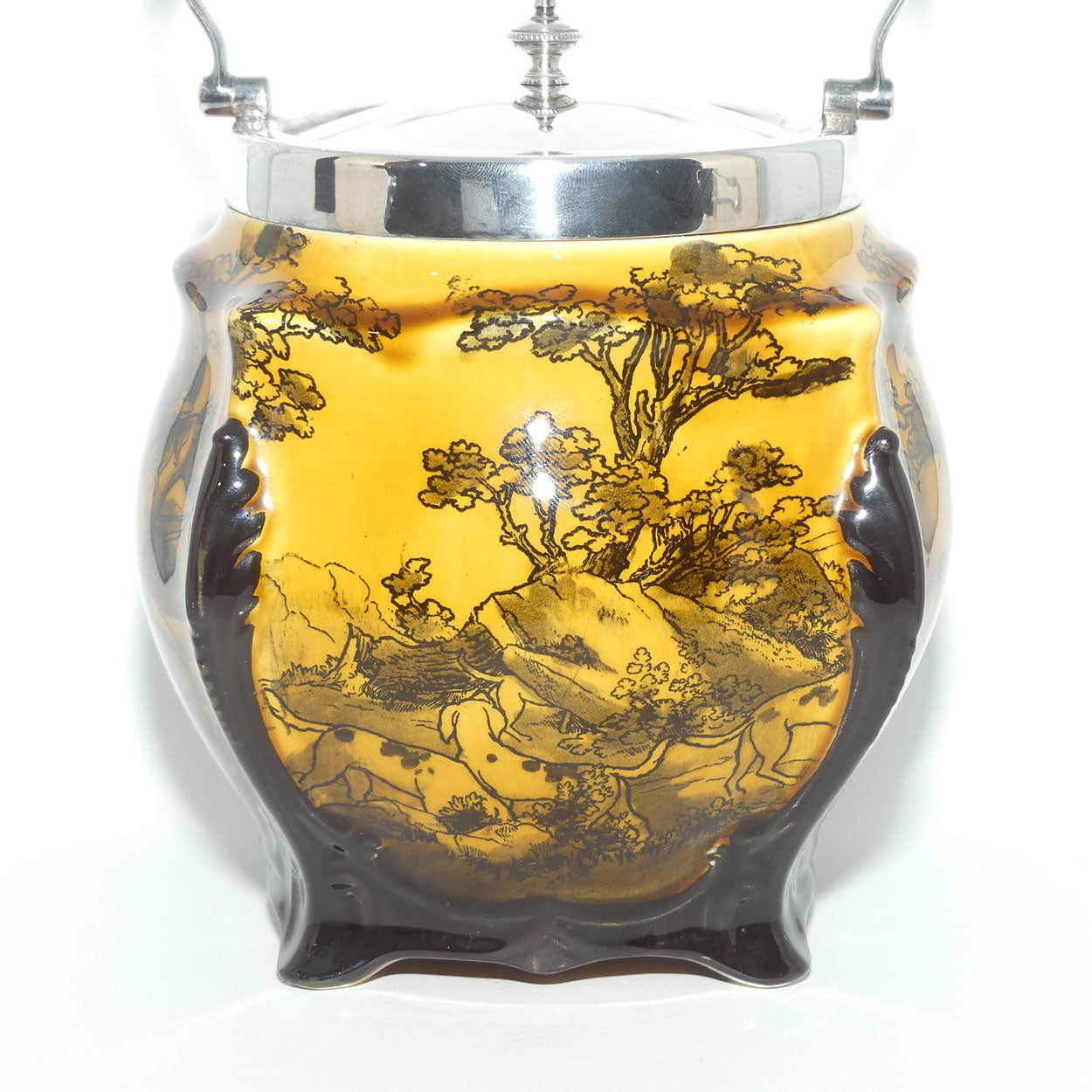 Royal Doulton Hunting - Morland unusual biscuit barrel with EPNS handle and lid D938 |Holbein Glaze|