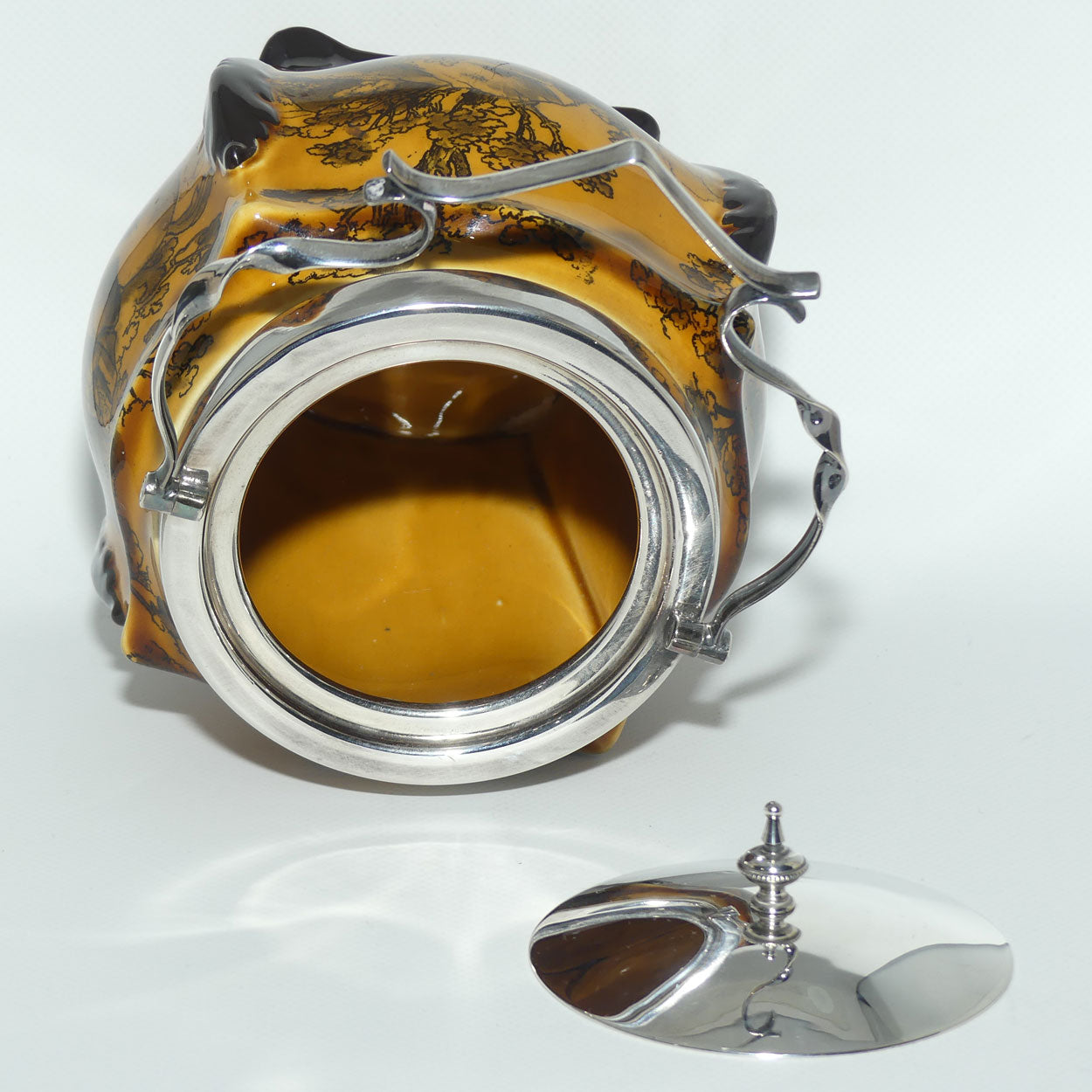 Royal Doulton Hunting - Morland unusual biscuit barrel with EPNS handle and lid D938 |Holbein Glaze|