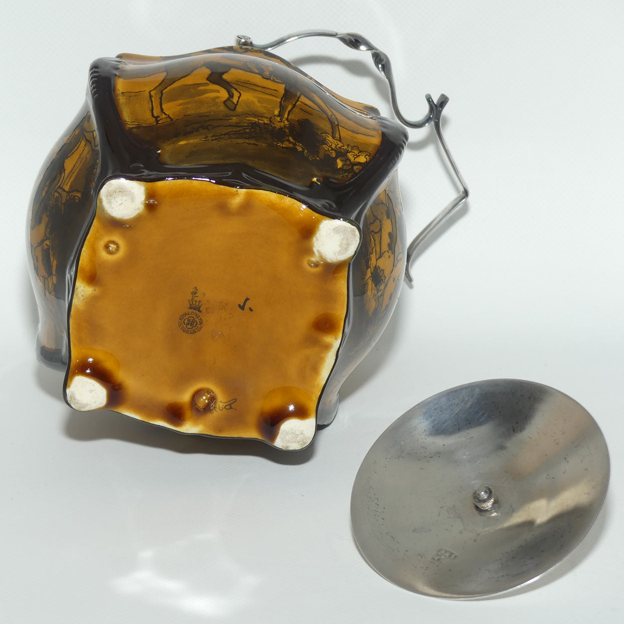 Royal Doulton Hunting - Morland unusual biscuit barrel with EPNS handle and lid D938 |Holbein Glaze|