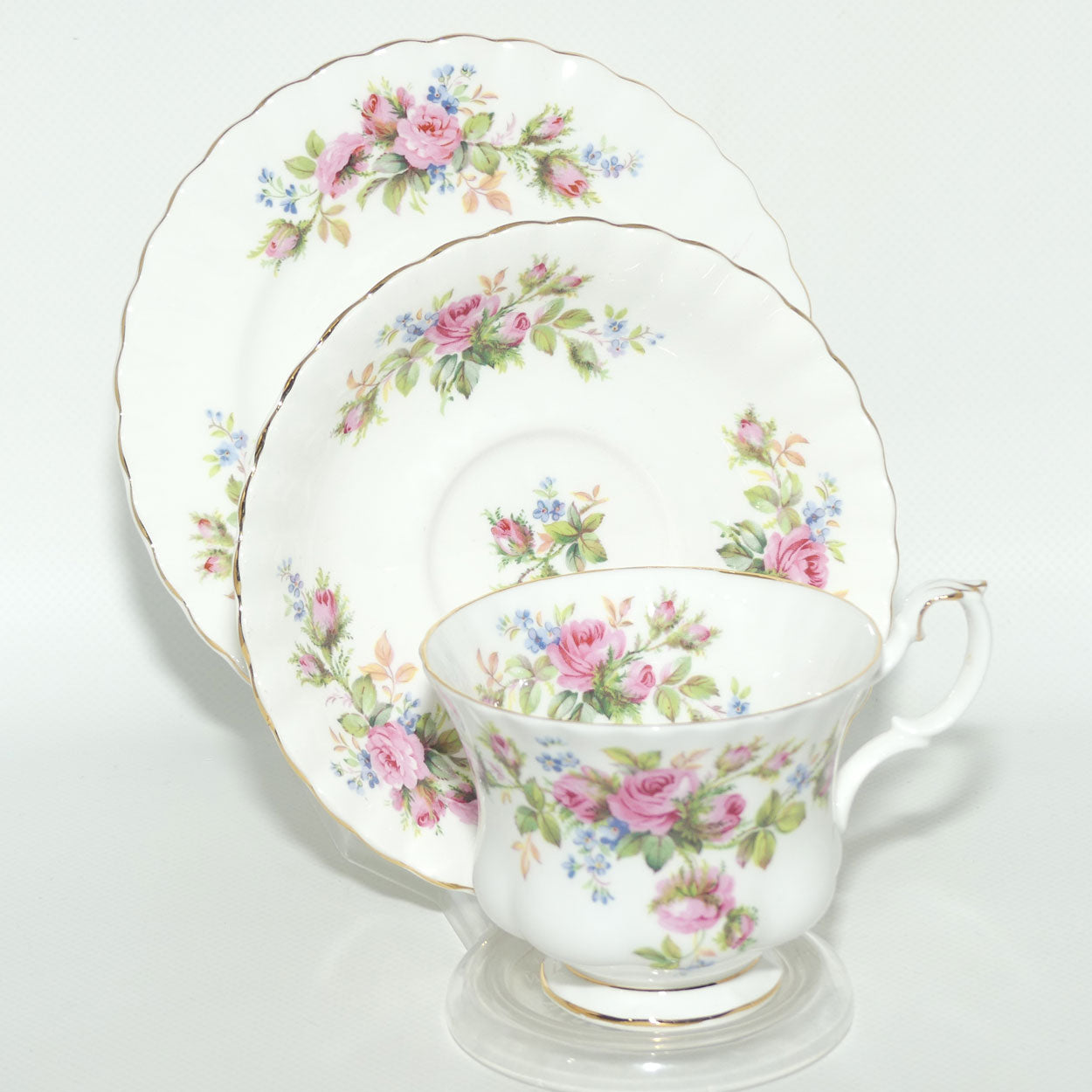 Royal Albert Bone China England Moss Rose tea trio | Early backstamp