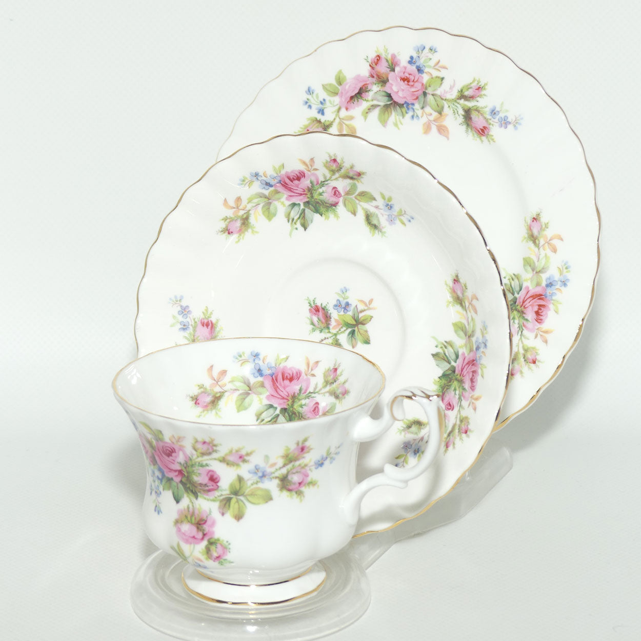 Royal Albert Bone China England Moss Rose tea trio | Early backstamp