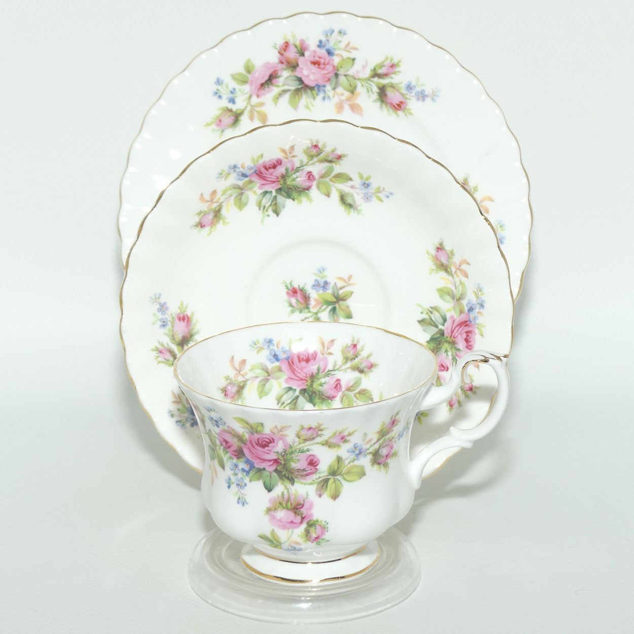 Royal Albert Bone China England Moss Rose tea trio | Early backstamp