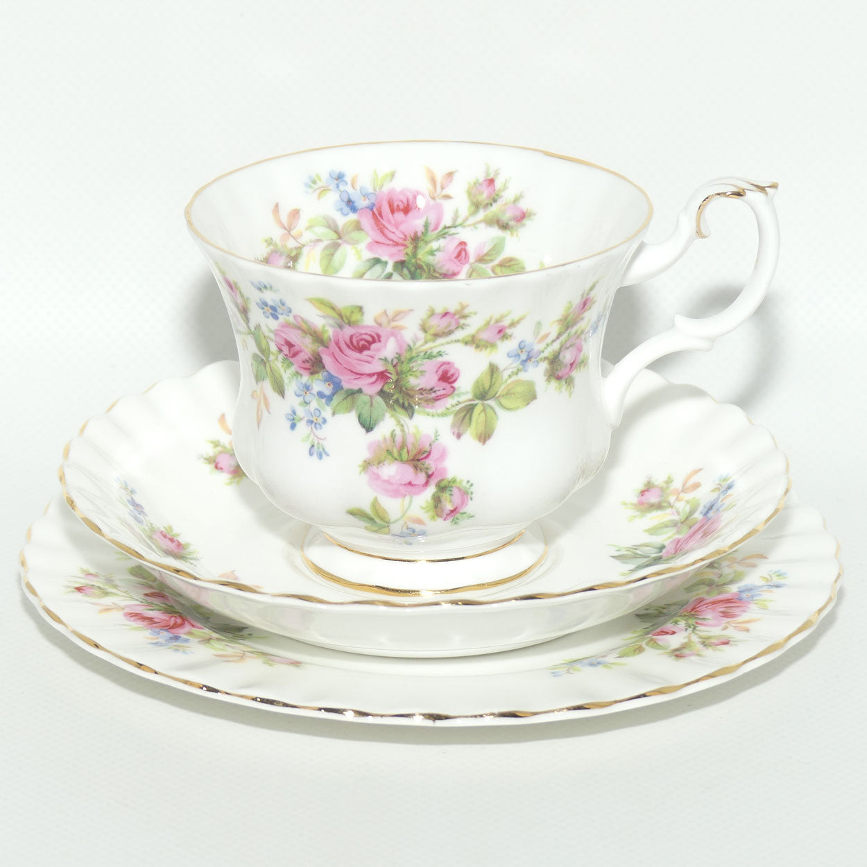 Royal Albert Bone China England Moss Rose tea trio | Early backstamp