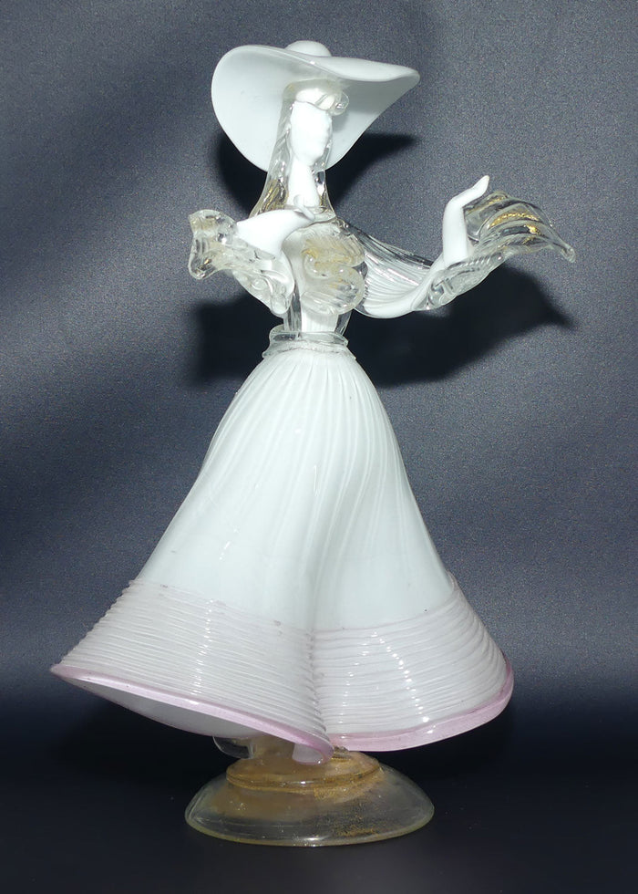 Large Murano Glass figure of a Lady | White and Clear Gilt Fleck | Pink Trim