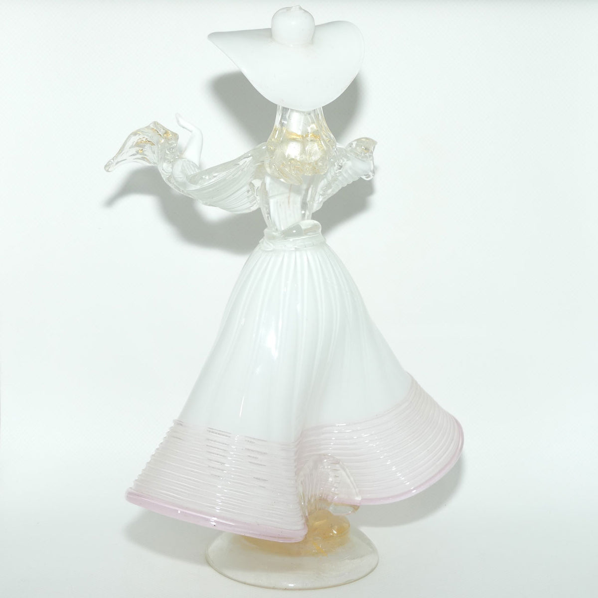 Large Murano Glass figure of a Lady | White and Clear Gilt Fleck | Pink Trim