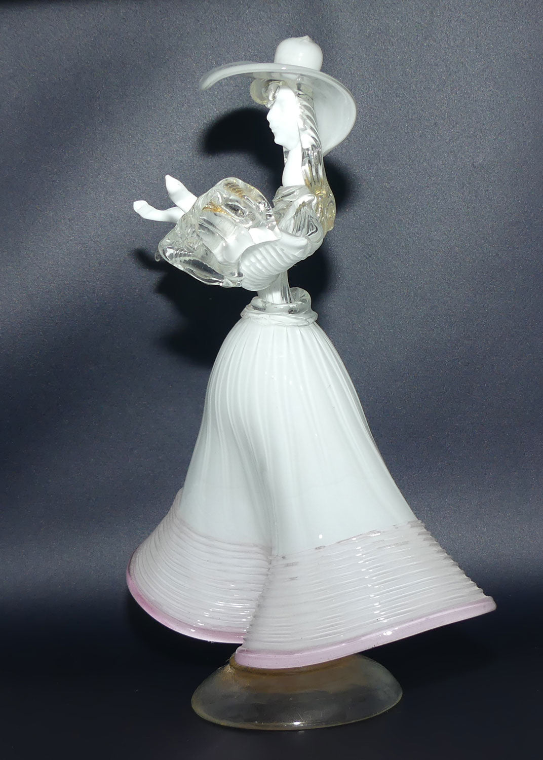Large Murano Glass figure of a Lady | White and Clear Gilt Fleck | Pink Trim