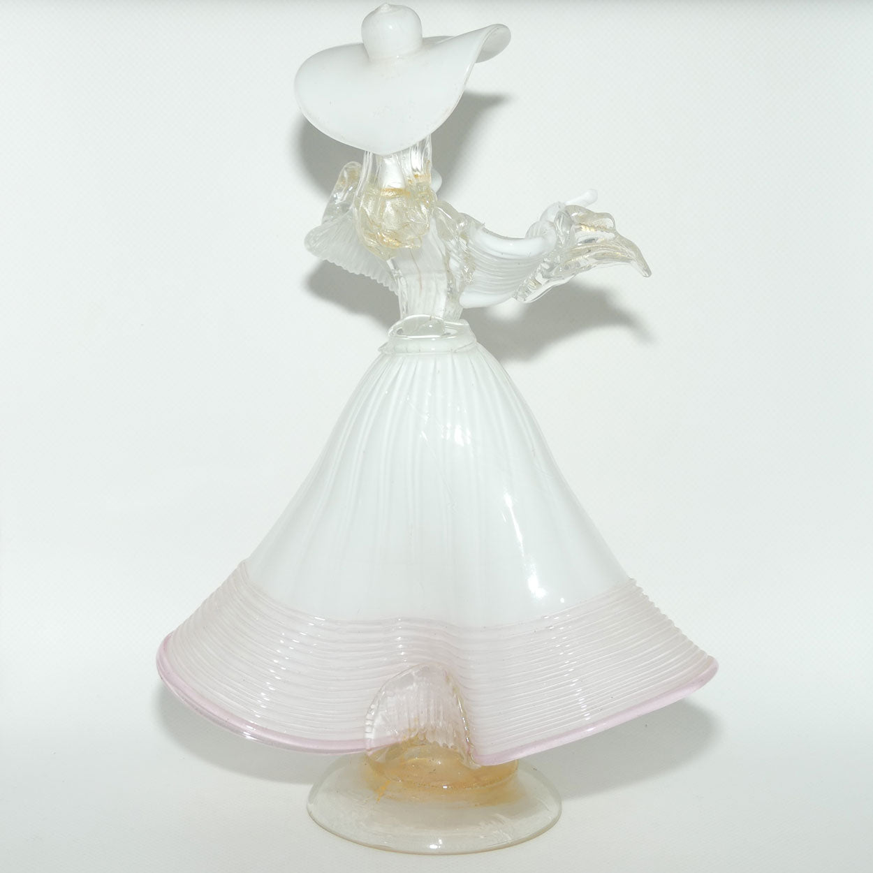 Large Murano Glass figure of a Lady | White and Clear Gilt Fleck | Pink Trim