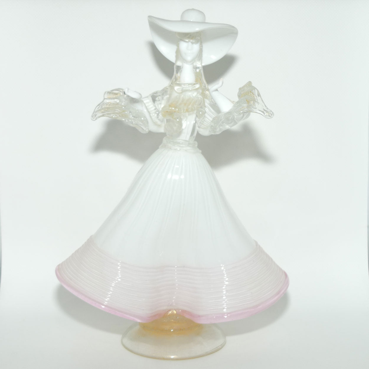 Large Murano Glass figure of a Lady | White and Clear Gilt Fleck | Pink Trim
