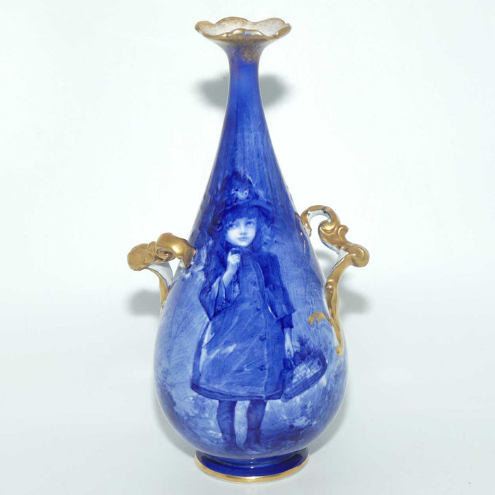 Doulton Burslem Blue Childrens narrow neck vase with fancy helix twist handles | #1