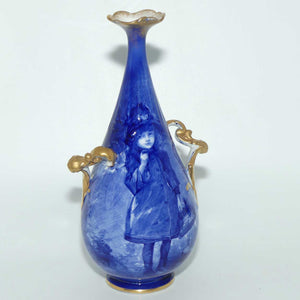 Doulton Burslem Blue Childrens narrow neck vase with fancy helix twist handles (#1)