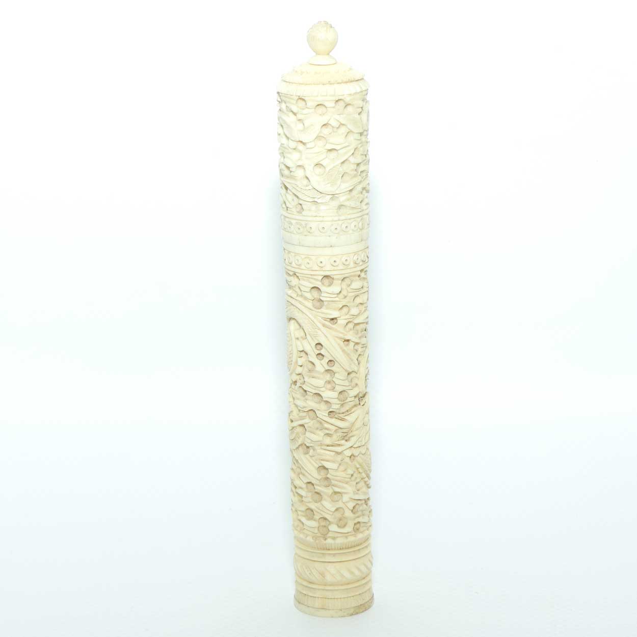 Chinese Carved Ivory needle case containing numerous counters