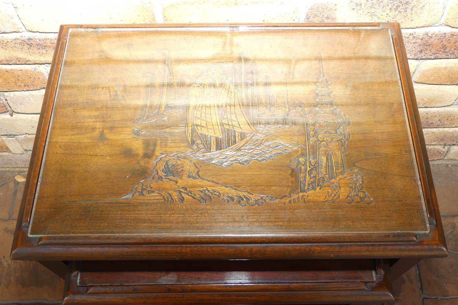 Chinese Carved Nest of 4 Occasional tables with Glass tops