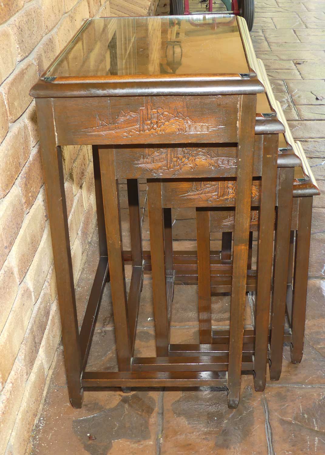 Chinese Carved Nest of 4 Occasional tables with Glass tops