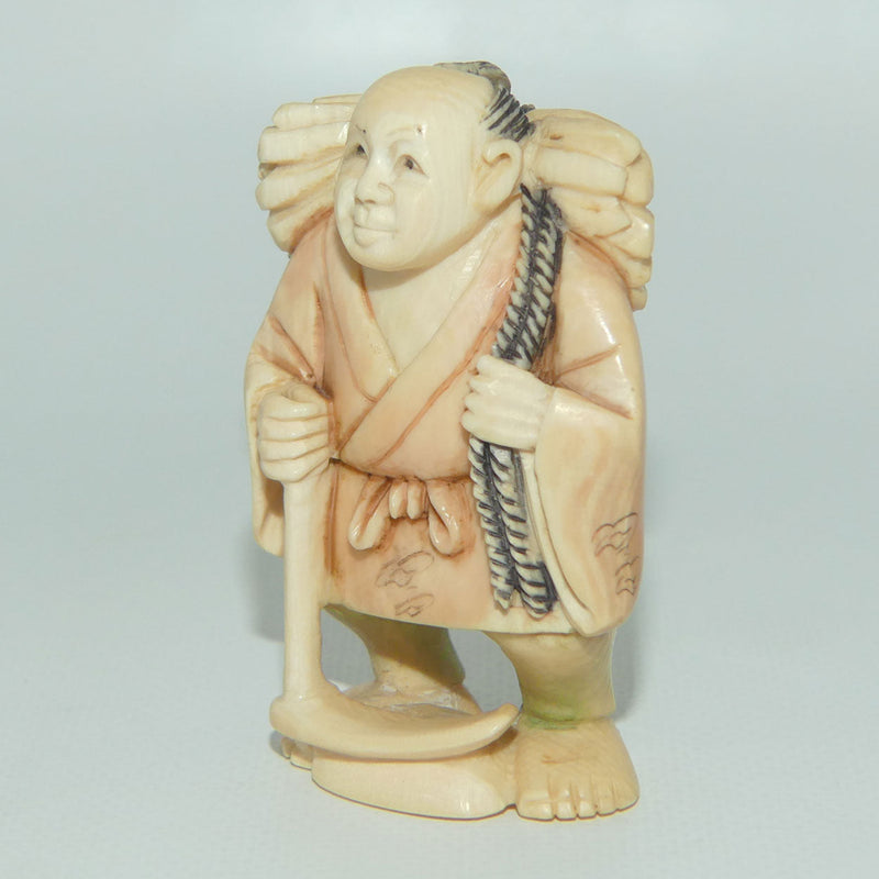 Japanese Carved Ivory Netsuke | Farmer with Kama and Crop | signed ...