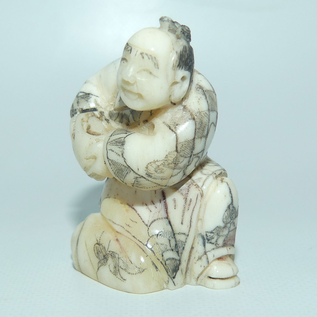 Japanese Carved Bone Netsuke | Old Medicine Man holding Bowl