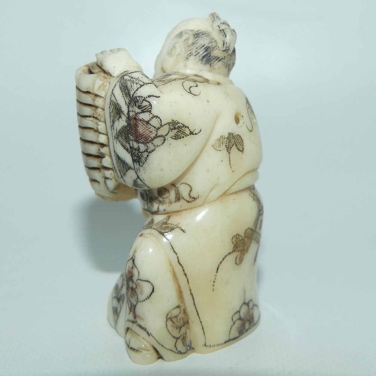 Japanese Carved Bone Netsuke | Old Man holding Lantern