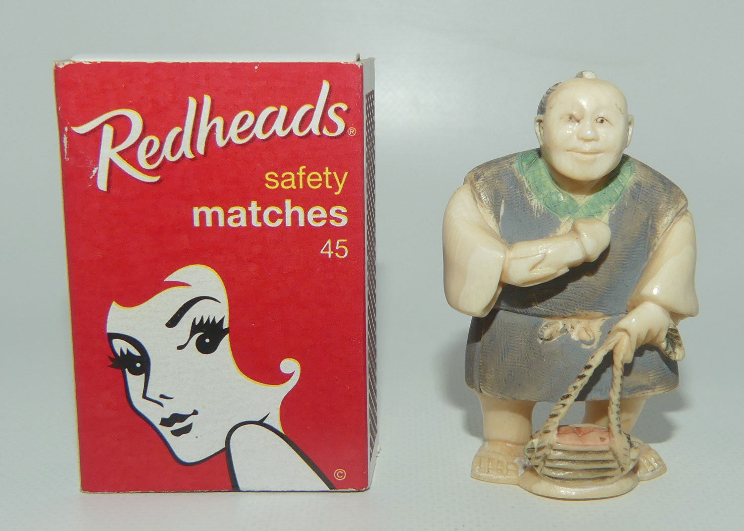 Japanese Carved Ivory Netsuke | Matsutake Mushroom Gatherer | Grey Robe | signed