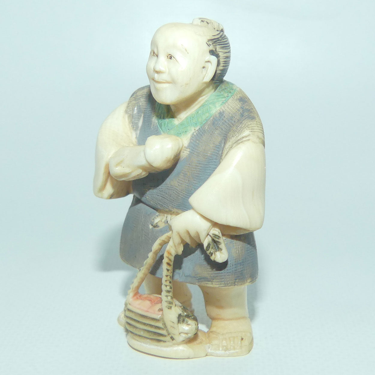 Japanese Carved Ivory Netsuke | Matsutake Mushroom Gatherer | Grey Robe | signed