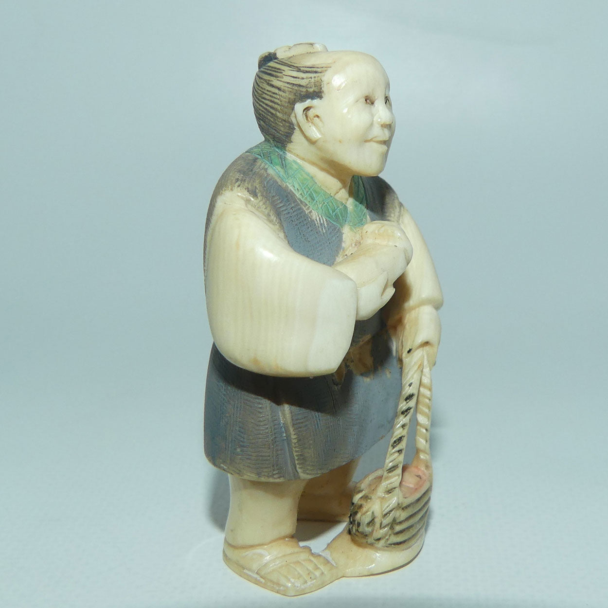 Japanese Carved Ivory Netsuke | Matsutake Mushroom Gatherer | Grey Robe | signed