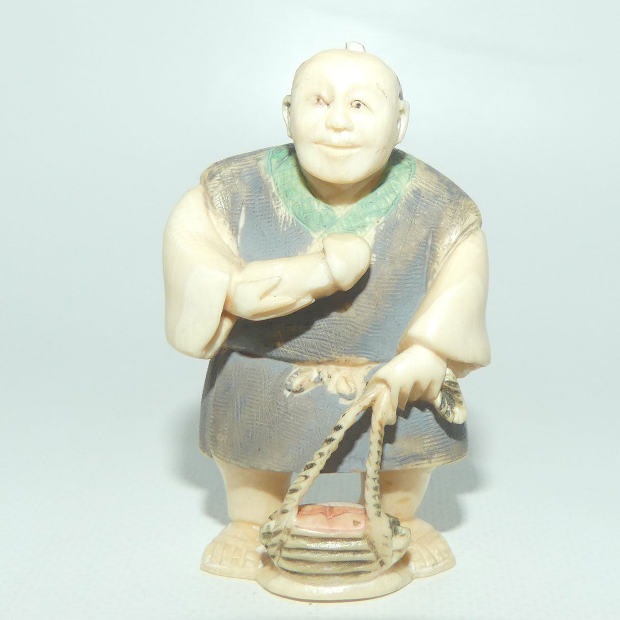 Japanese Carved Ivory Netsuke | Matsutake Mushroom Gatherer | Grey Robe | signed