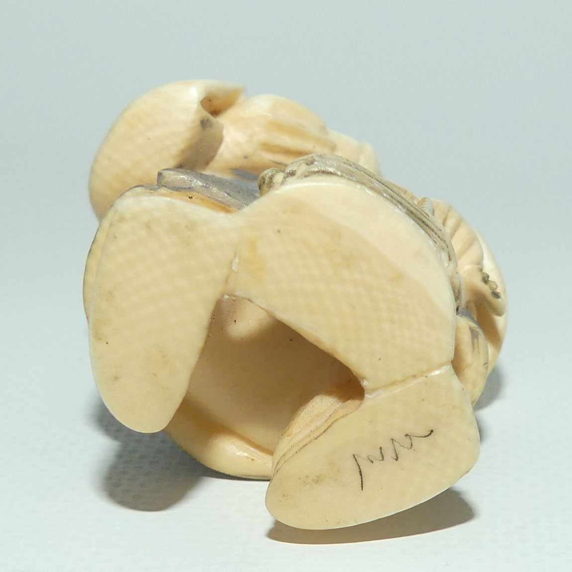 Japanese Carved Ivory Netsuke | Matsutake Mushroom Gatherer | Grey Robe | signed