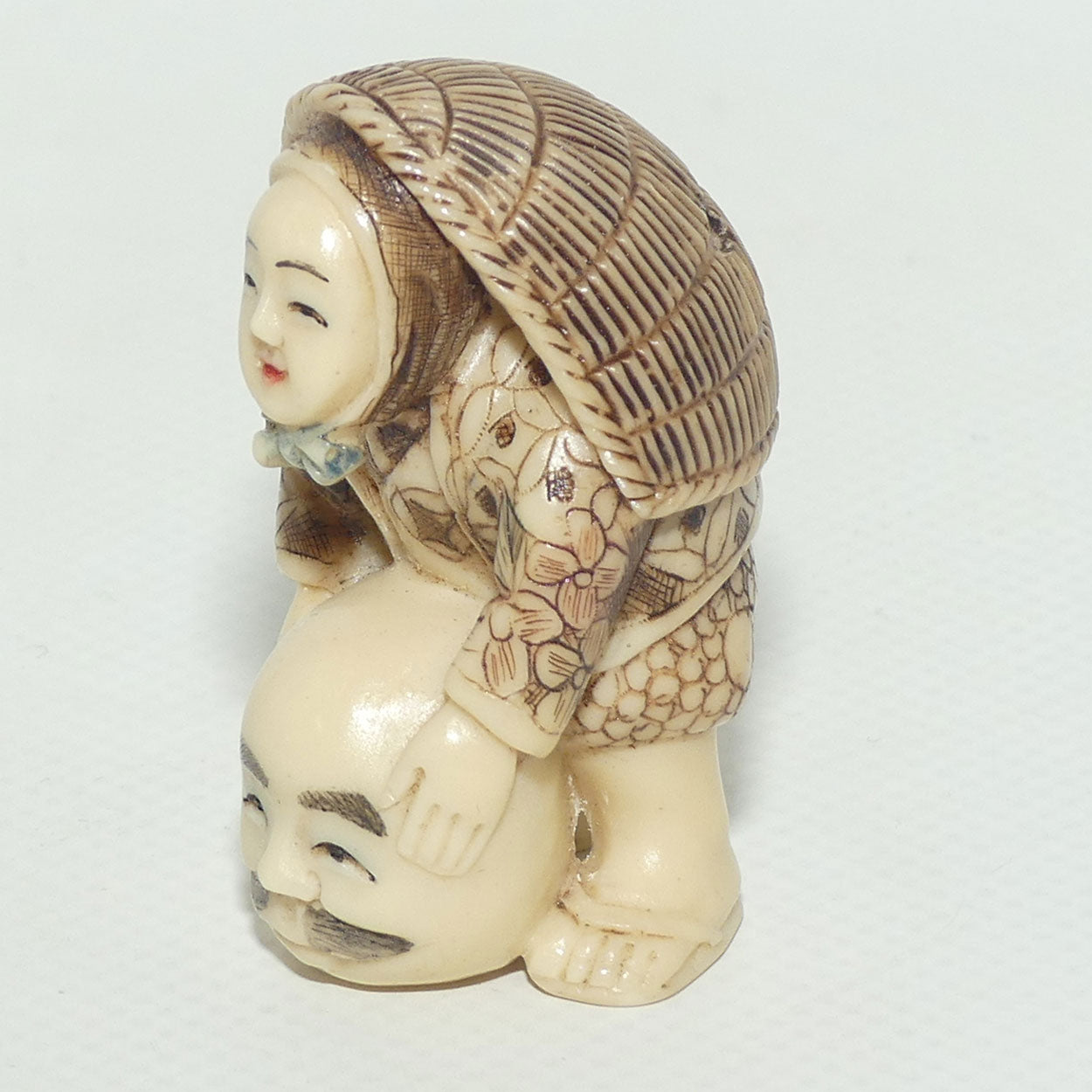 Vintage Japanese Carved Resin Netsuke | Woman with Mask