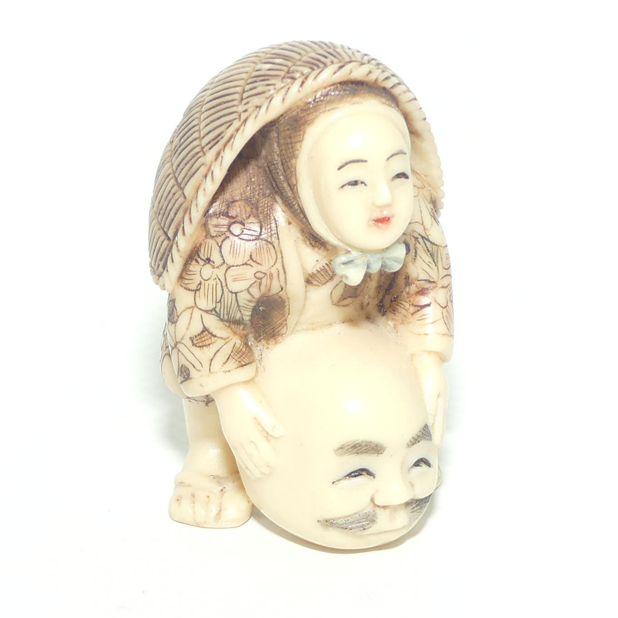 Vintage Japanese Carved Resin Netsuke | Woman with Mask