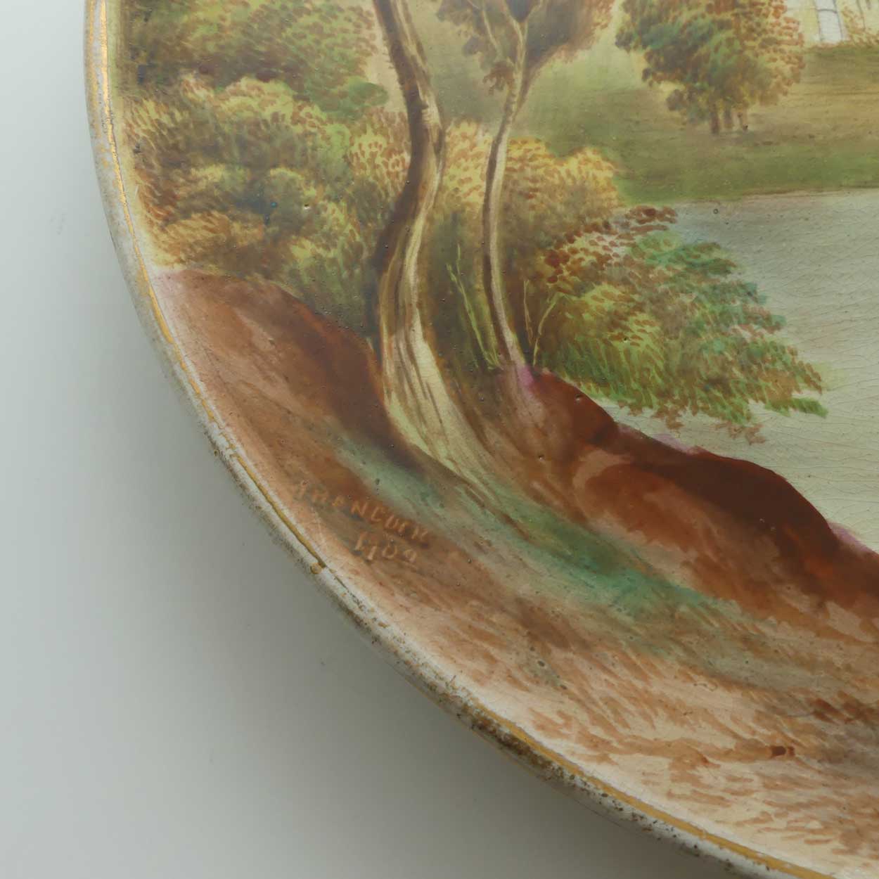 nglish Staffordshire plaque with hand painted Newstead Abbey scene signed Henry Harry Sampson Hancock 1902