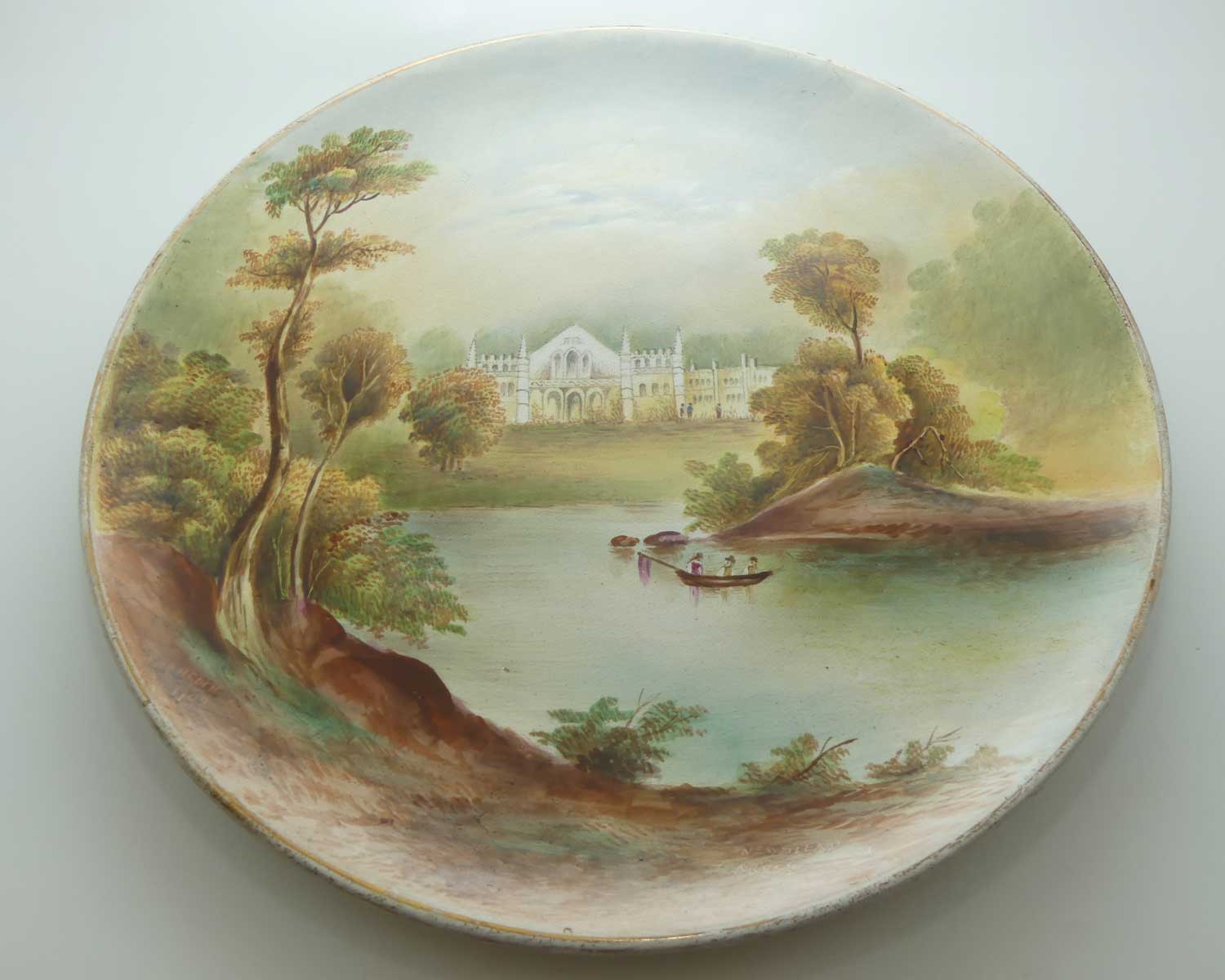 nglish Staffordshire plaque with hand painted Newstead Abbey scene signed Henry Harry Sampson Hancock 1902
