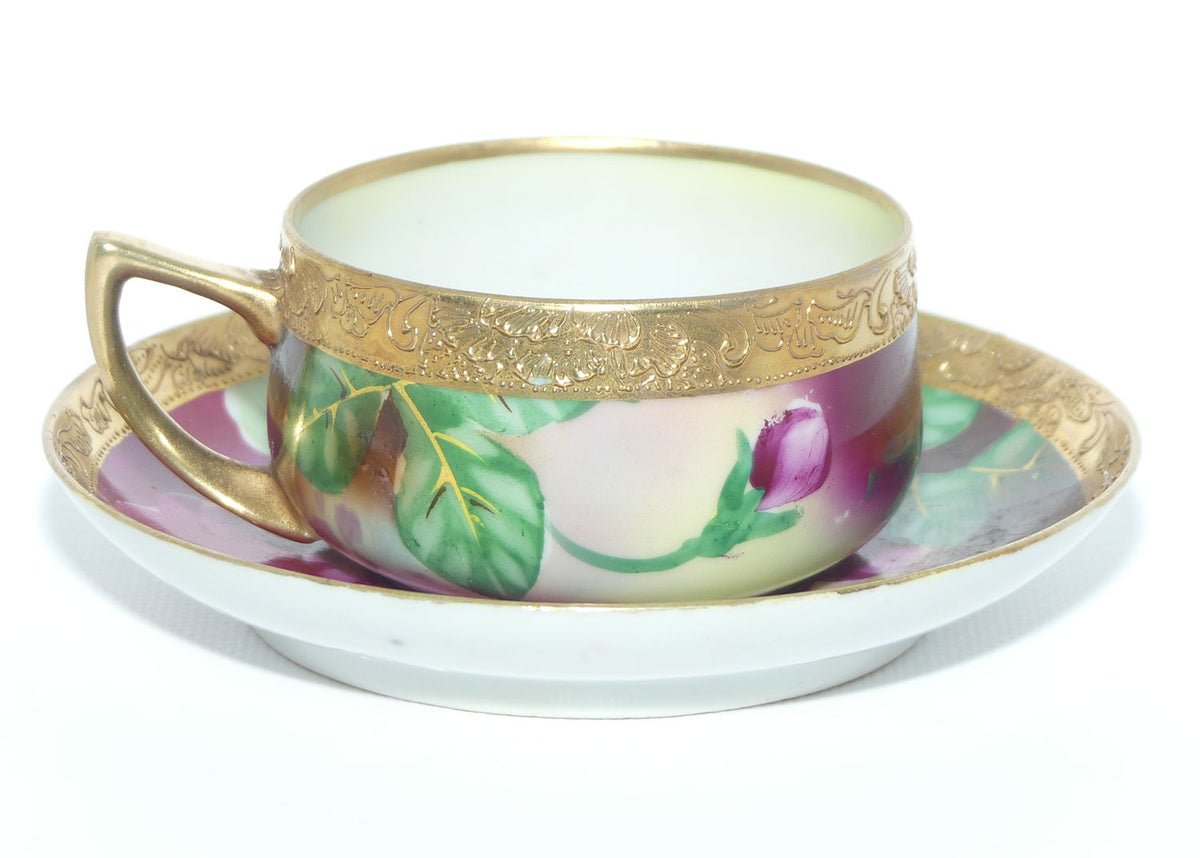 Vintage Hand Painted Nippon Floral and Gilt Jewelled tea duo
