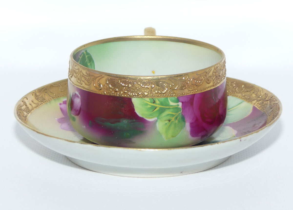 Vintage Hand Painted Nippon Floral and Gilt Jewelled tea duo