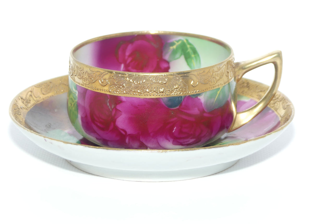 Vintage Hand Painted Nippon Floral and Gilt Jewelled tea duo