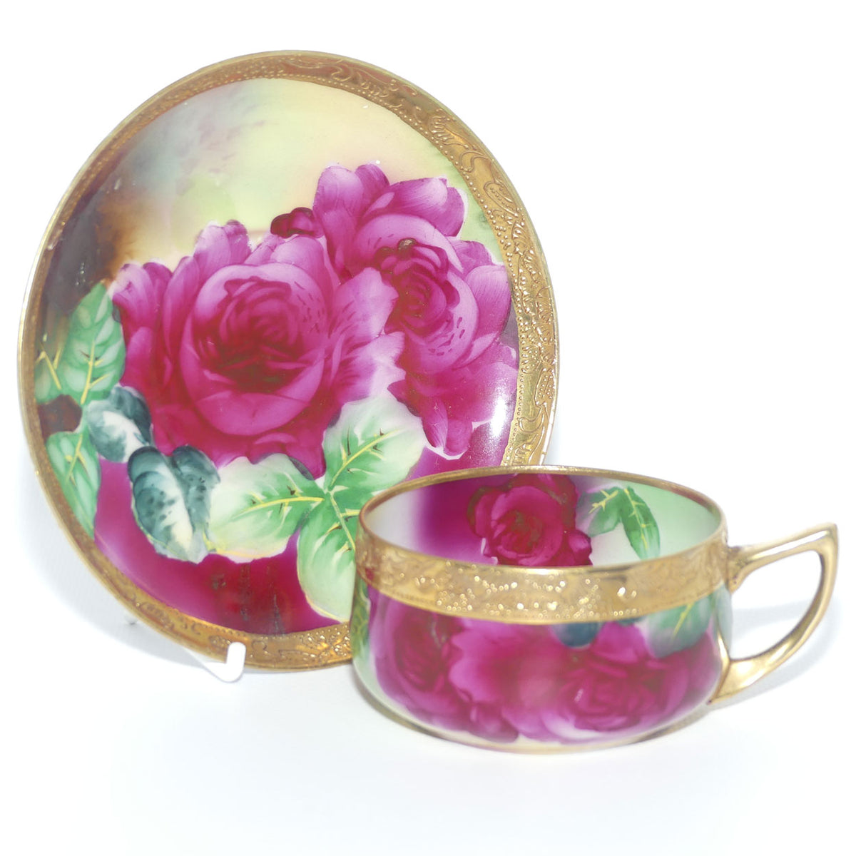 Vintage Hand Painted Nippon Floral and Gilt Jewelled tea duo