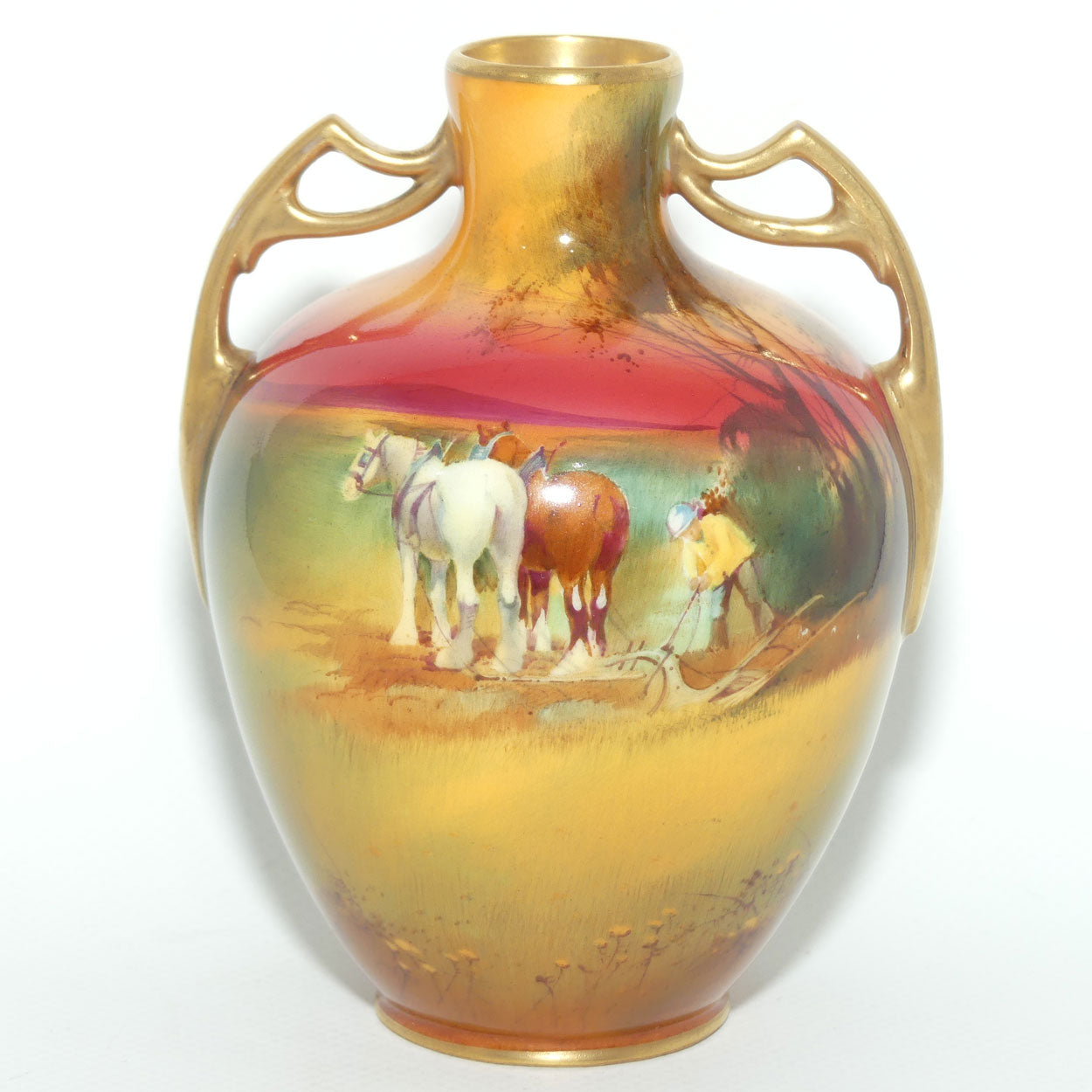 Royal Doulton hand painted Ploughing gilt twin handled vase (H Nixon)