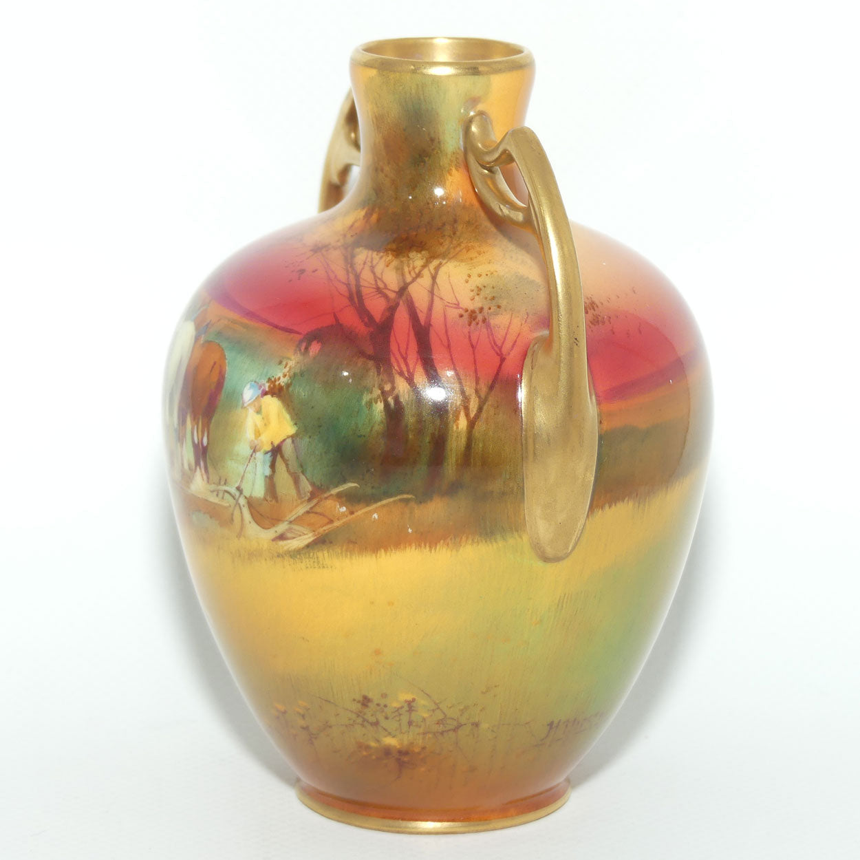 Royal Doulton hand painted Ploughing gilt twin handled vase (H Nixon)