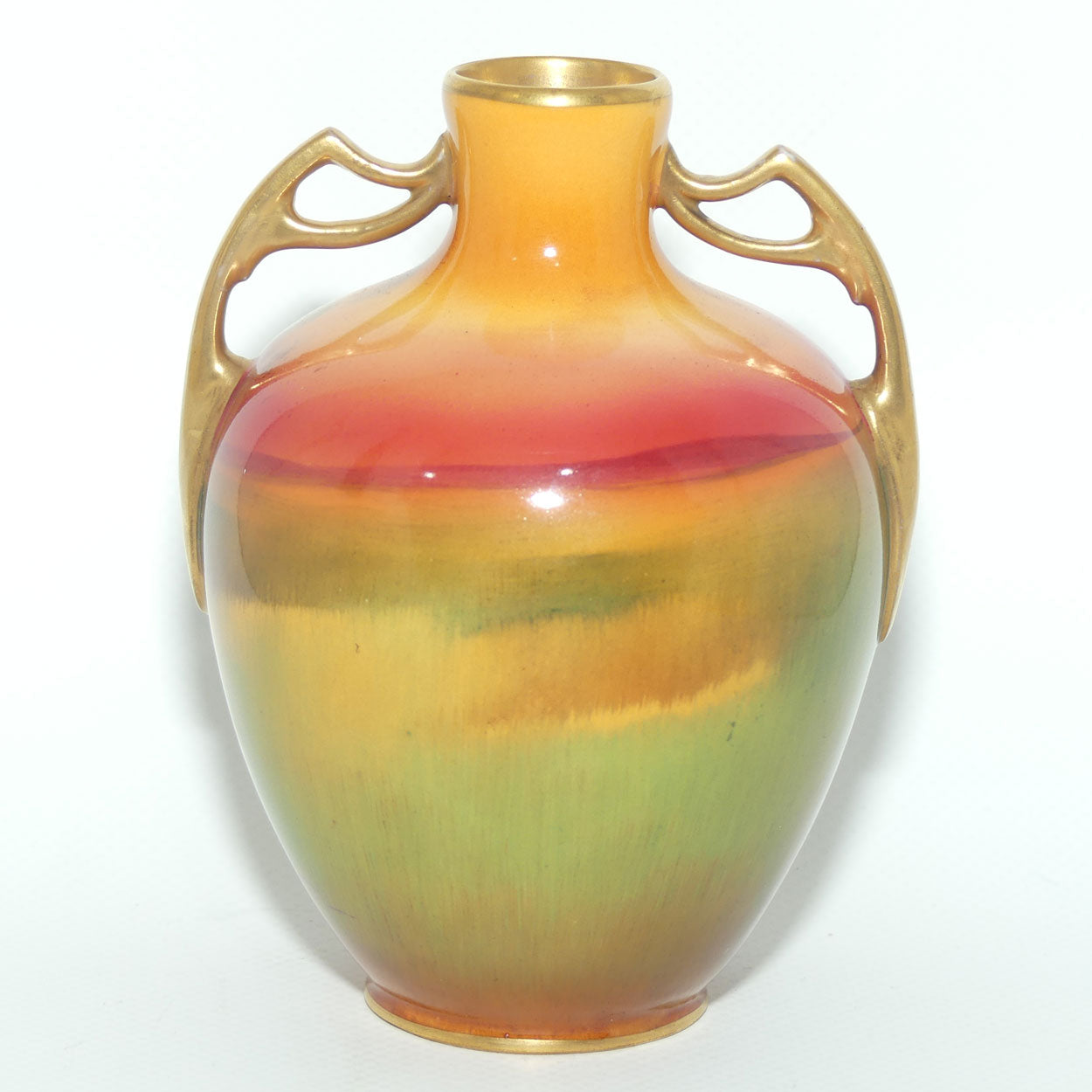 Royal Doulton hand painted Ploughing gilt twin handled vase (H Nixon)