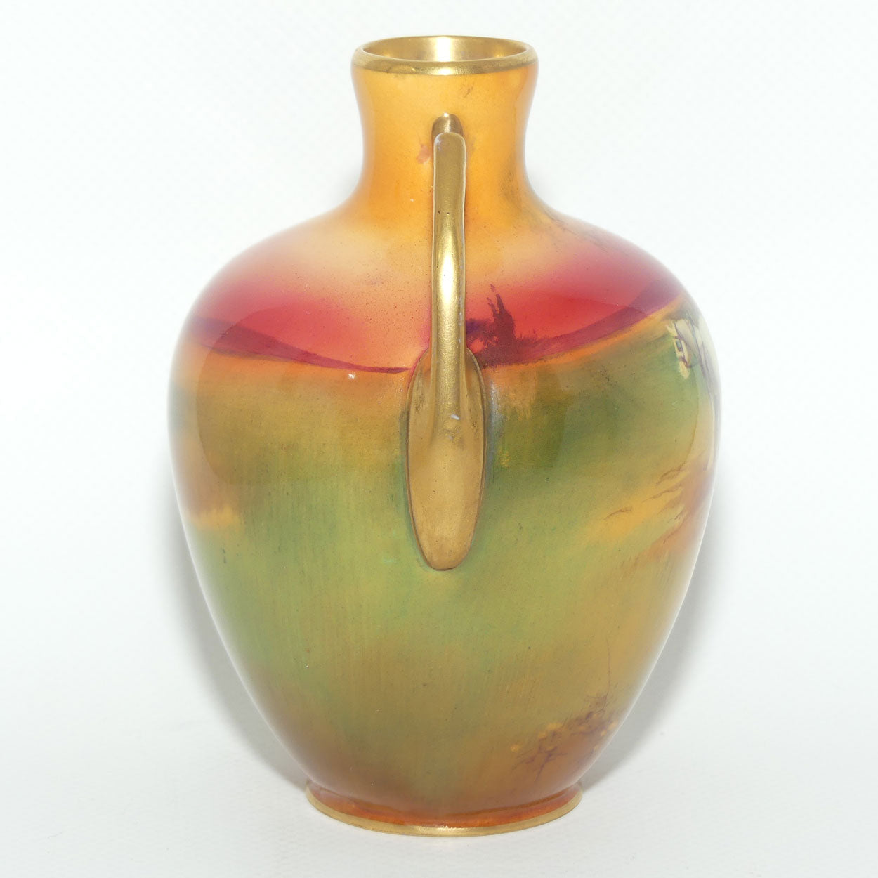 Royal Doulton hand painted Ploughing gilt twin handled vase (H Nixon)