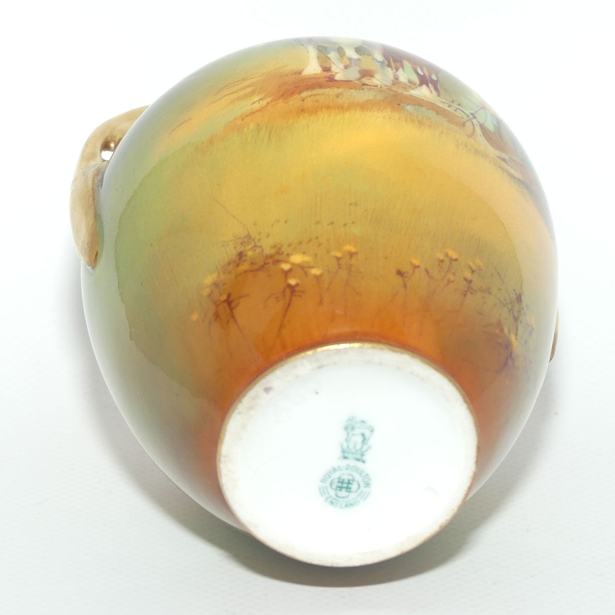 Royal Doulton hand painted Ploughing gilt twin handled vase (H Nixon)