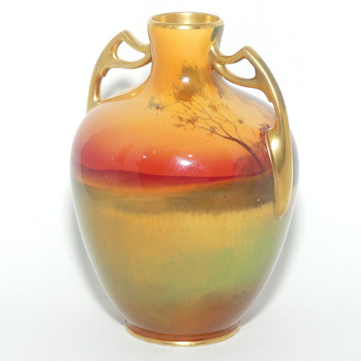 Royal Doulton hand painted Ploughing gilt twin handled vase | H Nixon | #2