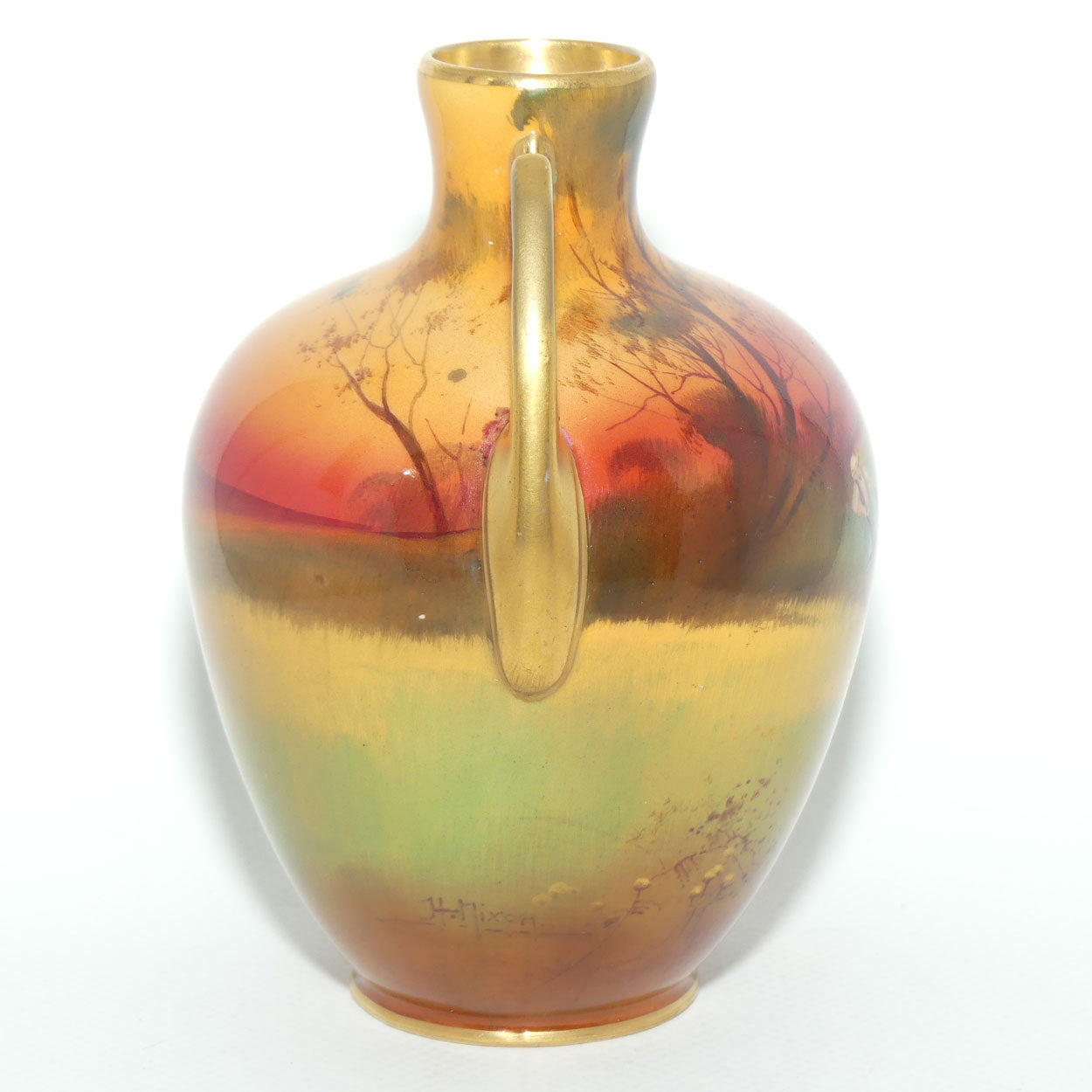 Royal Doulton hand painted Ploughing gilt twin handled vase | H Nixon | #2