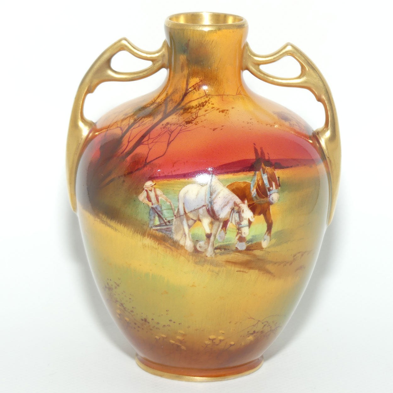 Royal Doulton hand painted Ploughing gilt twin handled vase | H Nixon | #2