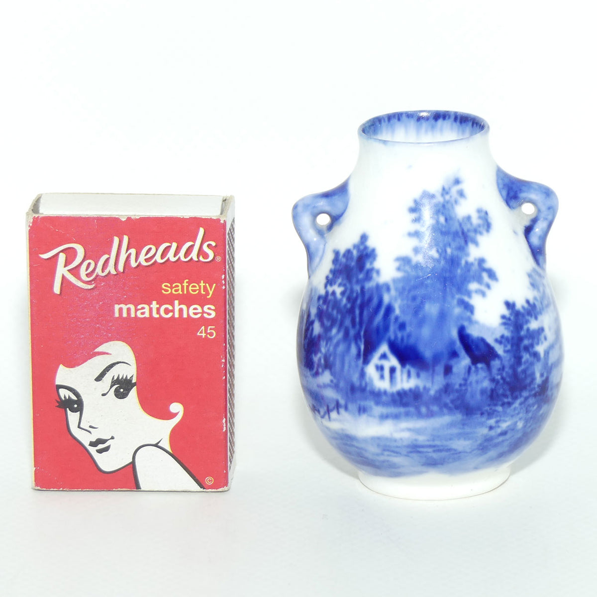 Royal Doulton Norfolk Blue and White miniature vase | Twin Handle | Cottage scene