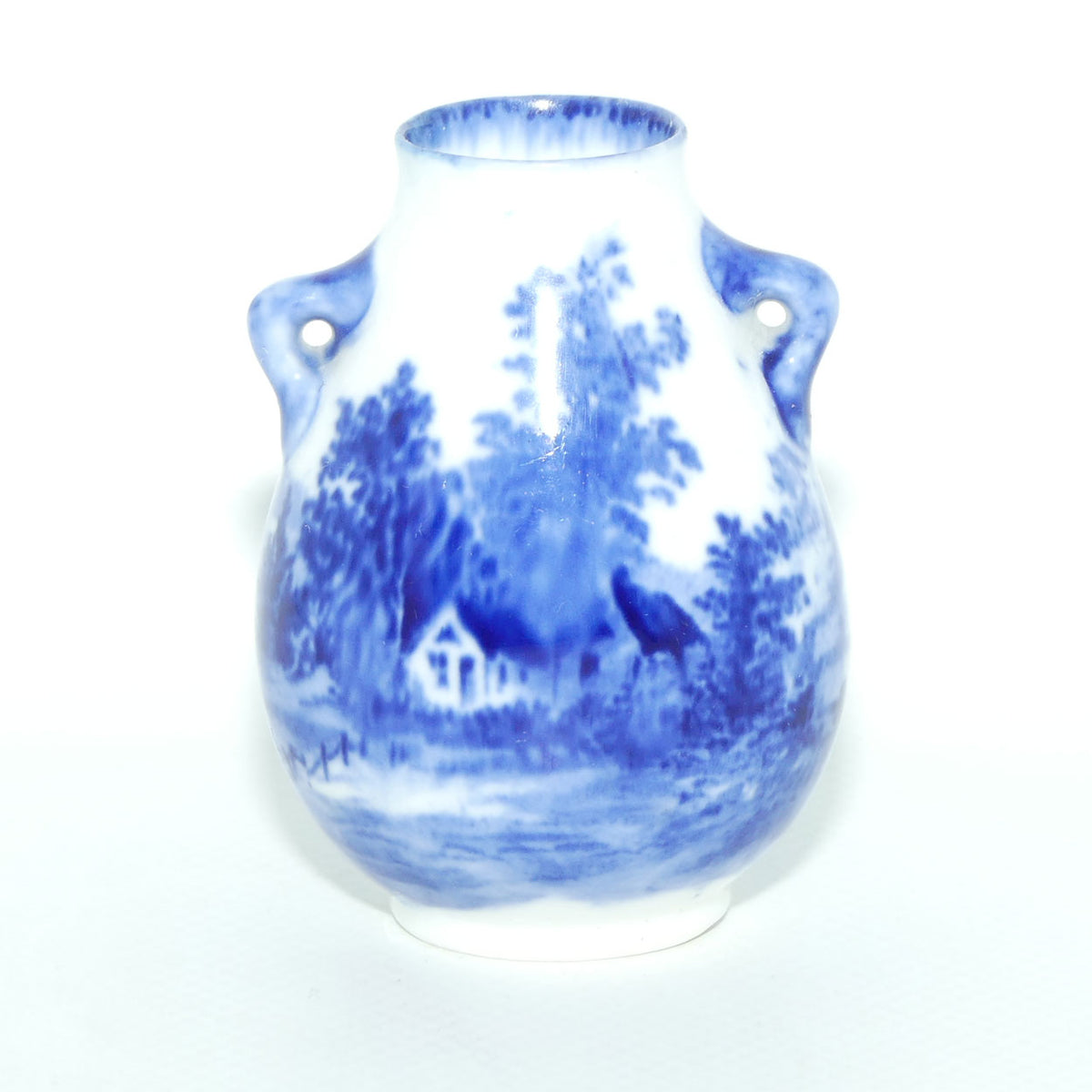 Royal Doulton Norfolk Blue and White miniature vase | Twin Handle | Cottage scene
