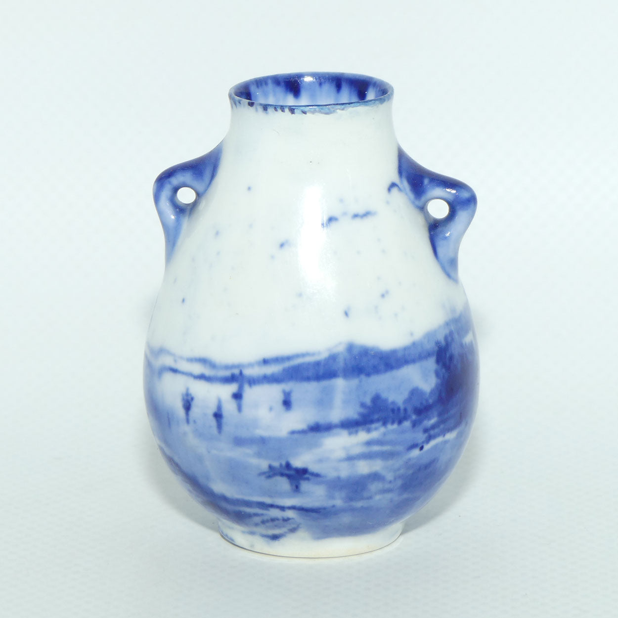 Royal Doulton Norfolk Blue and White miniature vase | Twin Handle | Windmill scene