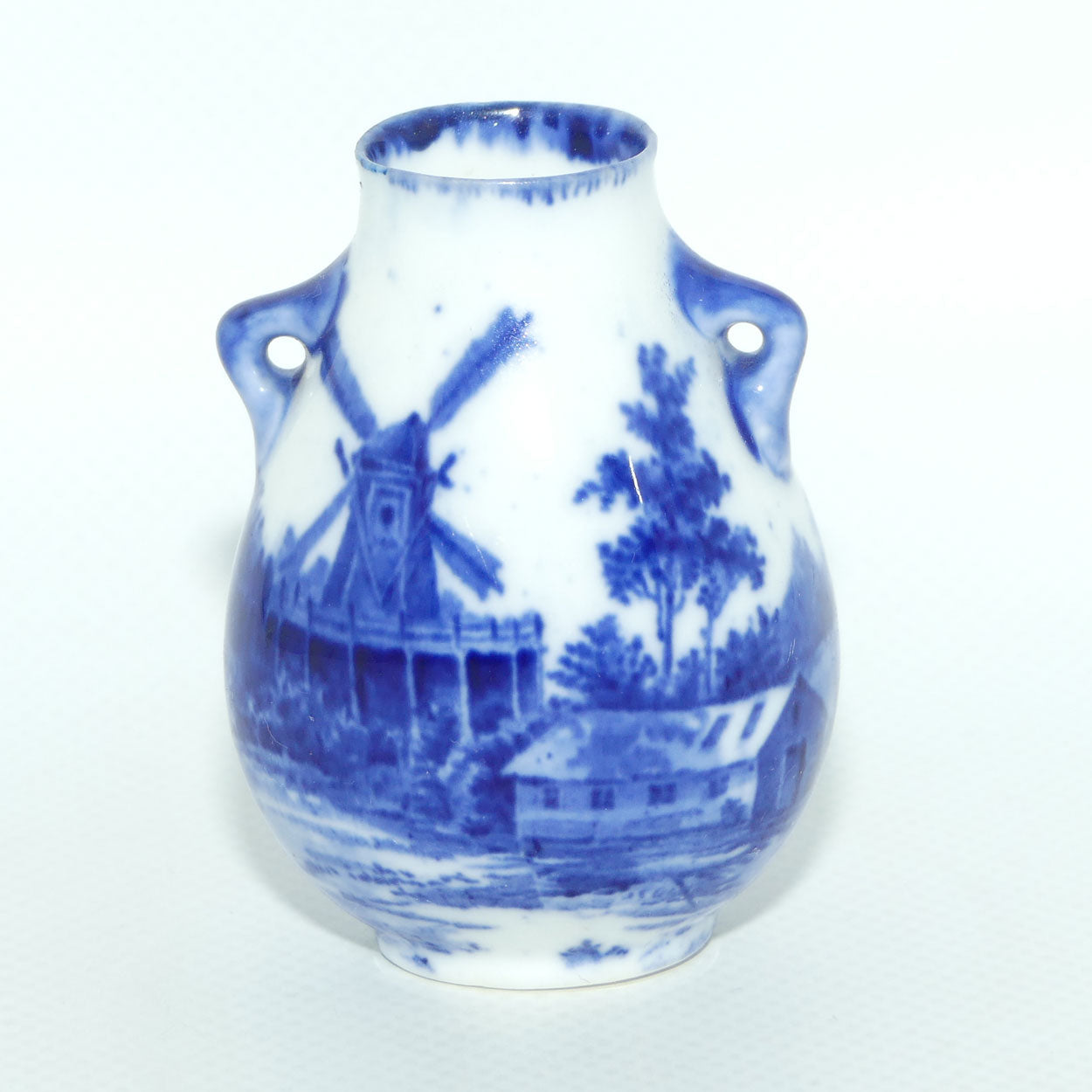 Royal Doulton Norfolk Blue and White miniature vase | Twin Handle | Windmill scene